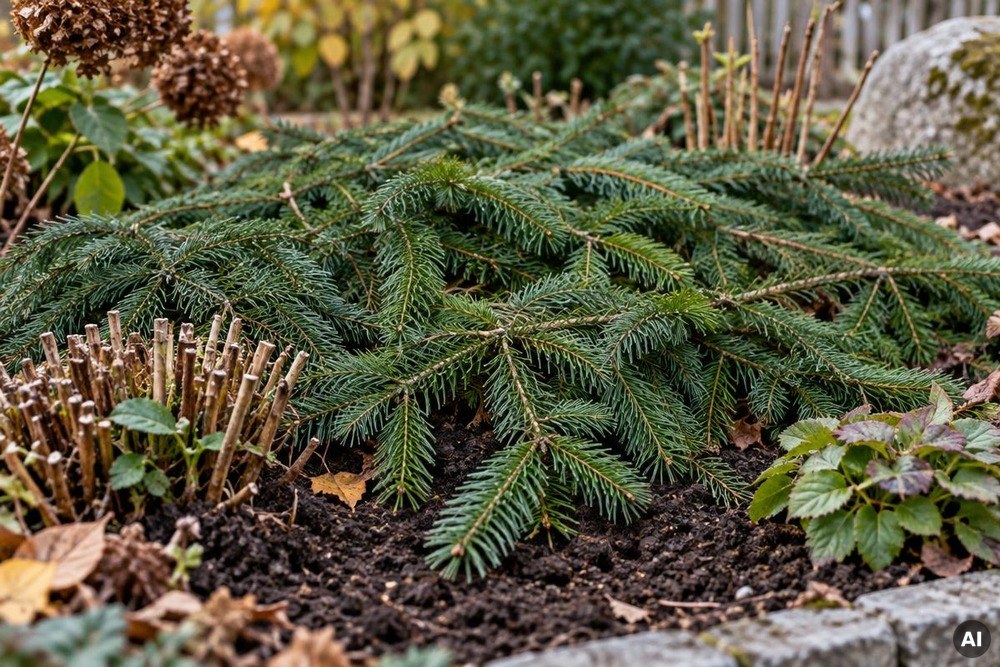 Tannenzweige und Reisig liegen schützend über empfindlichen Gartenpflanzen