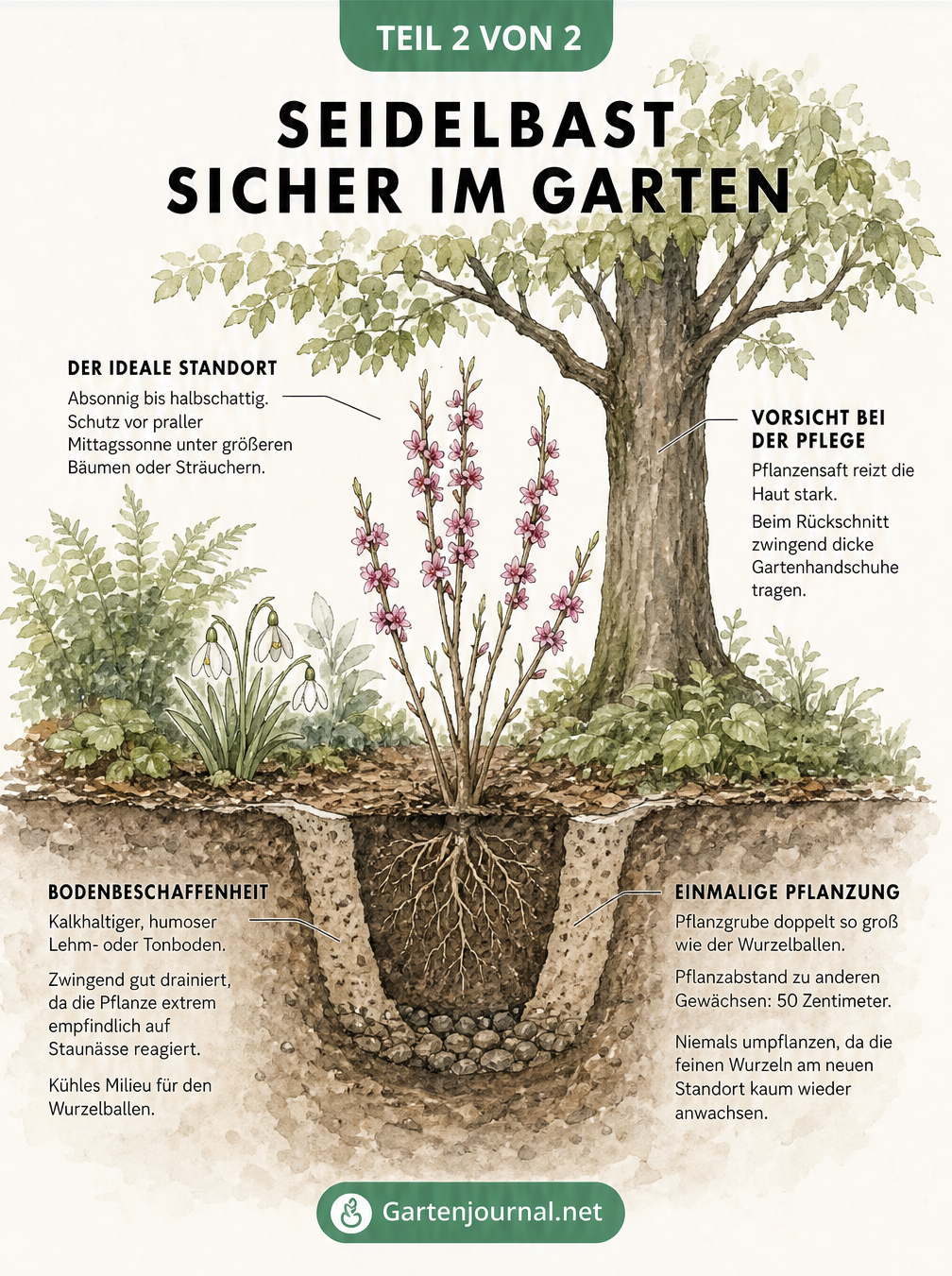 Garten-Schnittdarstellung zur Pflanzung von Seidelbast unter einem Laubbaum mit Hinweisen zu Standort, Boden und Pflege