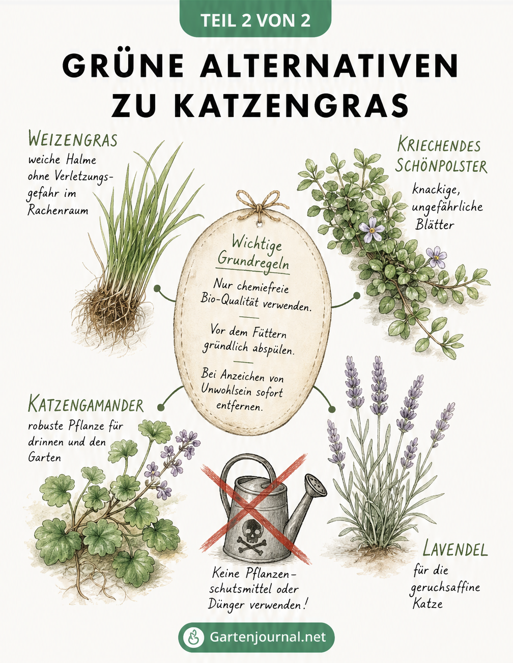 Botanische Skizze von sicheren Pflanzenalternativen zu Katzengras wie Weizengras und Lavendel