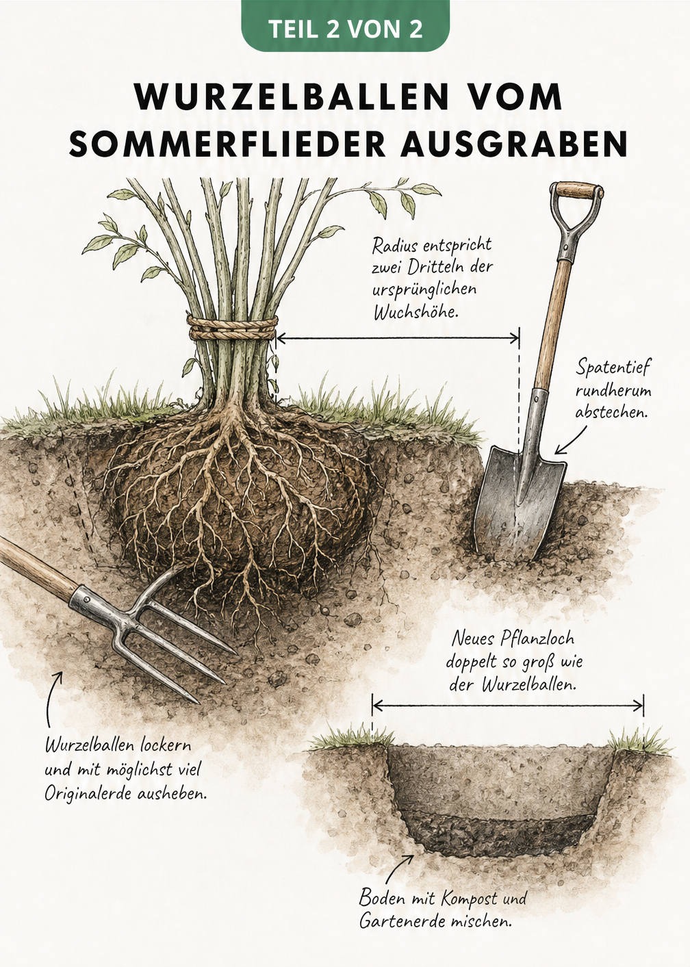 Querschnitt durch das Erdreich mit einem Sommerflieder, der mit Spaten und Grabegabel ausgegraben wird, sowie dem neuen Pflanzloch