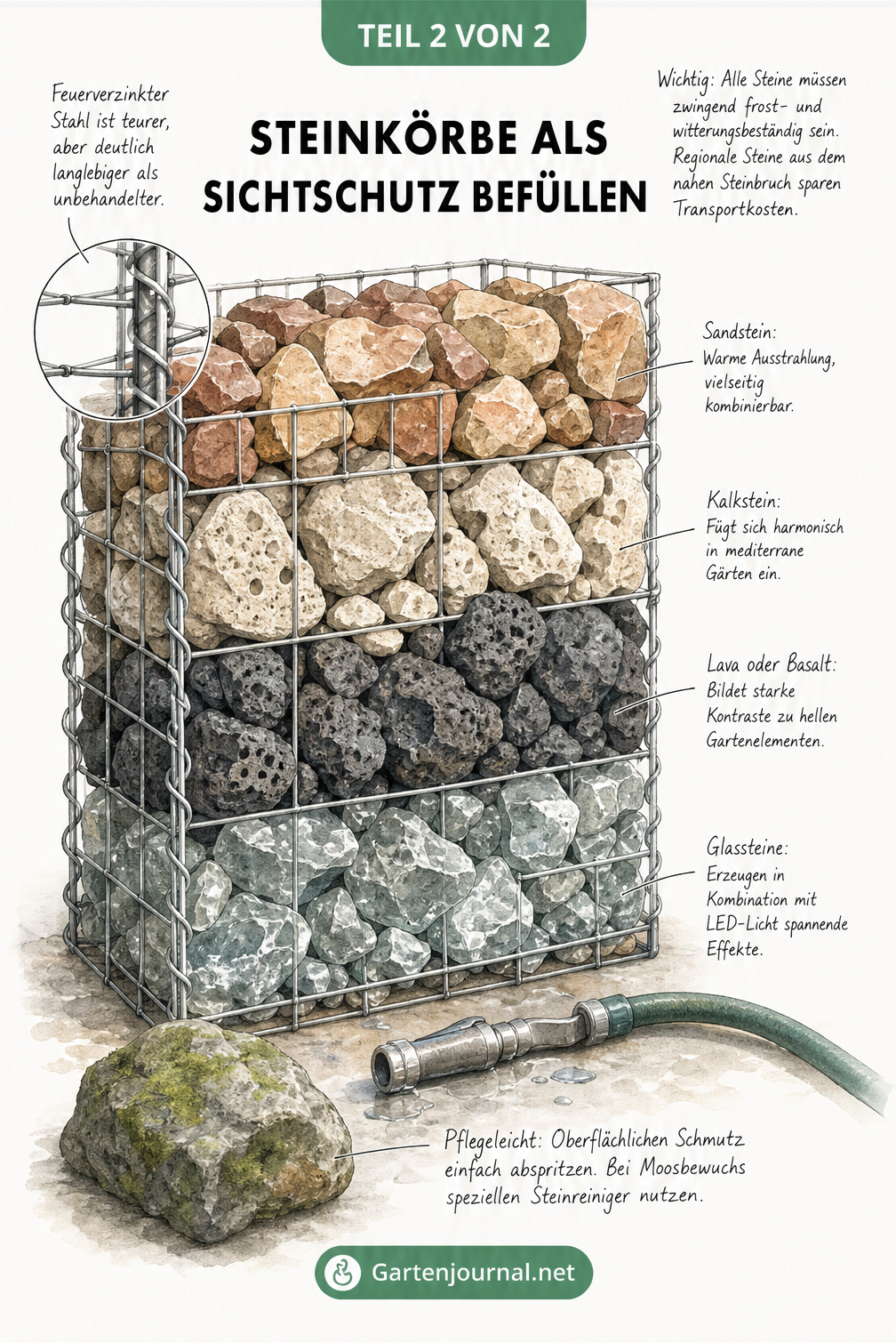 Nahaufnahme eines geöffneten Drahtkorbs gefüllt mit Schichten aus Sandstein, Kalkstein, Basalt und Glassteinen