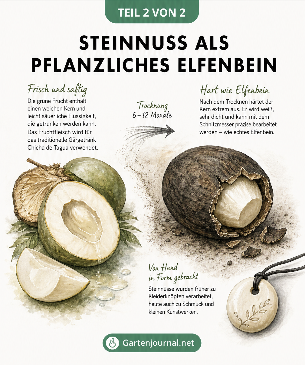Illustration der Steinnuss von der frischen Frucht bis zum getrockneten pflanzlichen Elfenbein