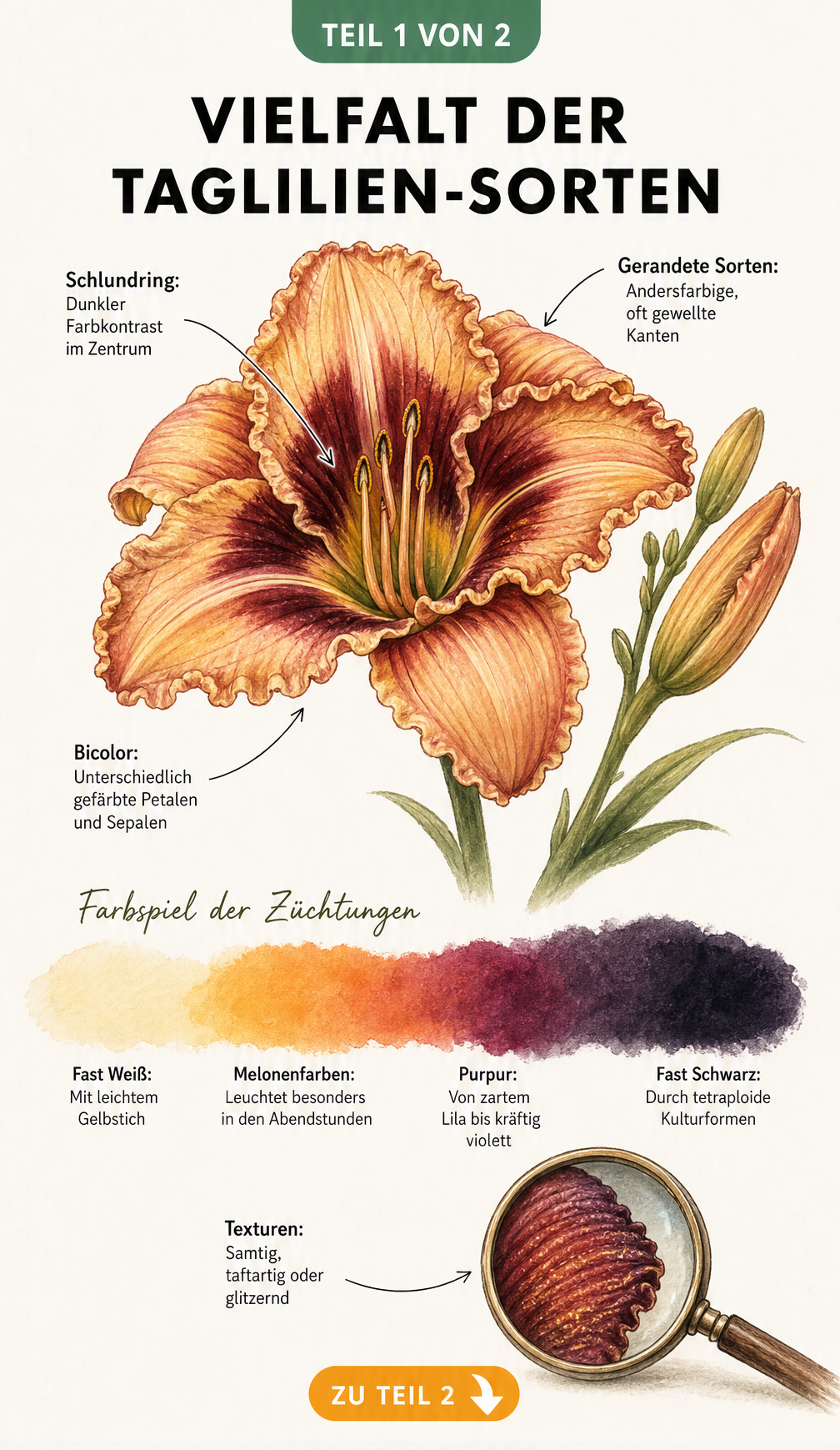 Botanische Illustration einer Taglilienblüte mit Erklärungen zu Mustern wie Schlundring, gerandeten Sorten und Bicolor sowie einem Farbverlauf von Weiß bis...