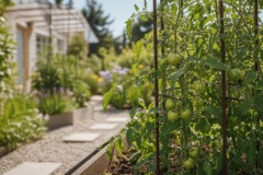 Gesunde Tomatenpflanzen in einem gepflegten, modernen Gemüsegarten bei sonnigem Wetter