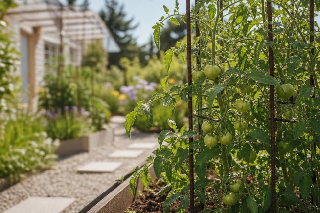 Gesunde Tomatenpflanzen in einem gepflegten, modernen Gemüsegarten bei sonnigem Wetter