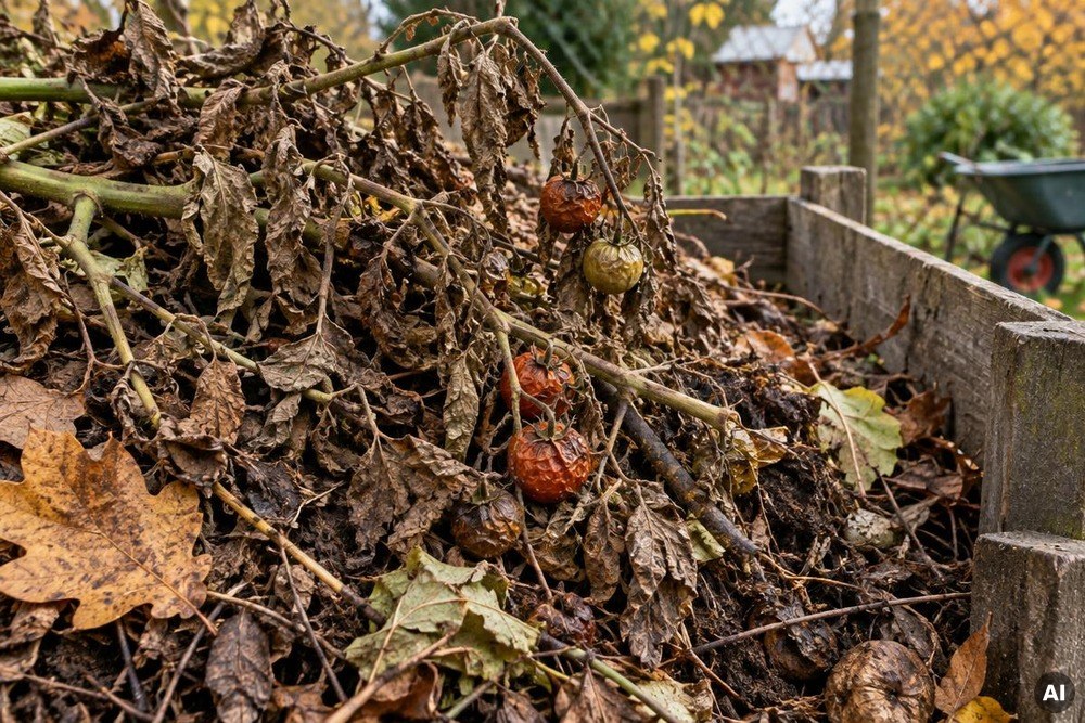 Verwelkte und braune Tomatenpflanzen, die im Herbst auf dem Komposthaufen entsorgt werden.