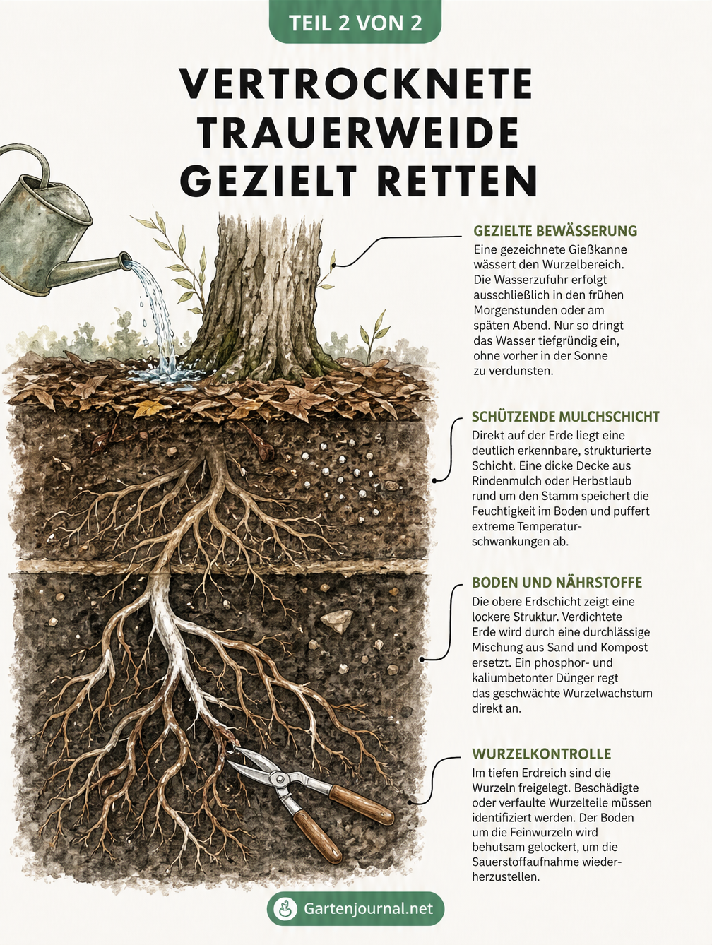 Schnittbild der unteren Trauerweide mit Gießkanne, Mulchschicht und Wurzelwerk