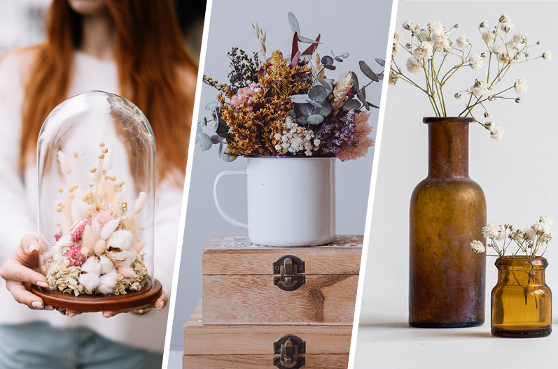 Collage von Trockenblumen als Tischdekoration in Vasen arrangiert