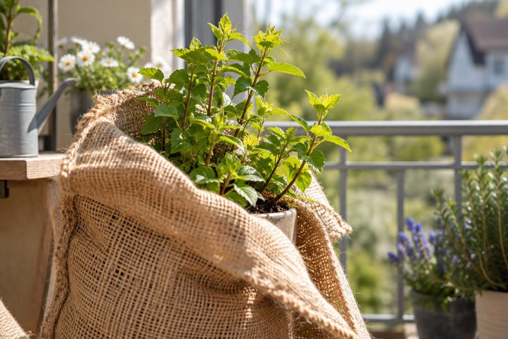 Eine Pflanze im Blumentopf wird im Frühjahr von ihrem Winterschutz befreit