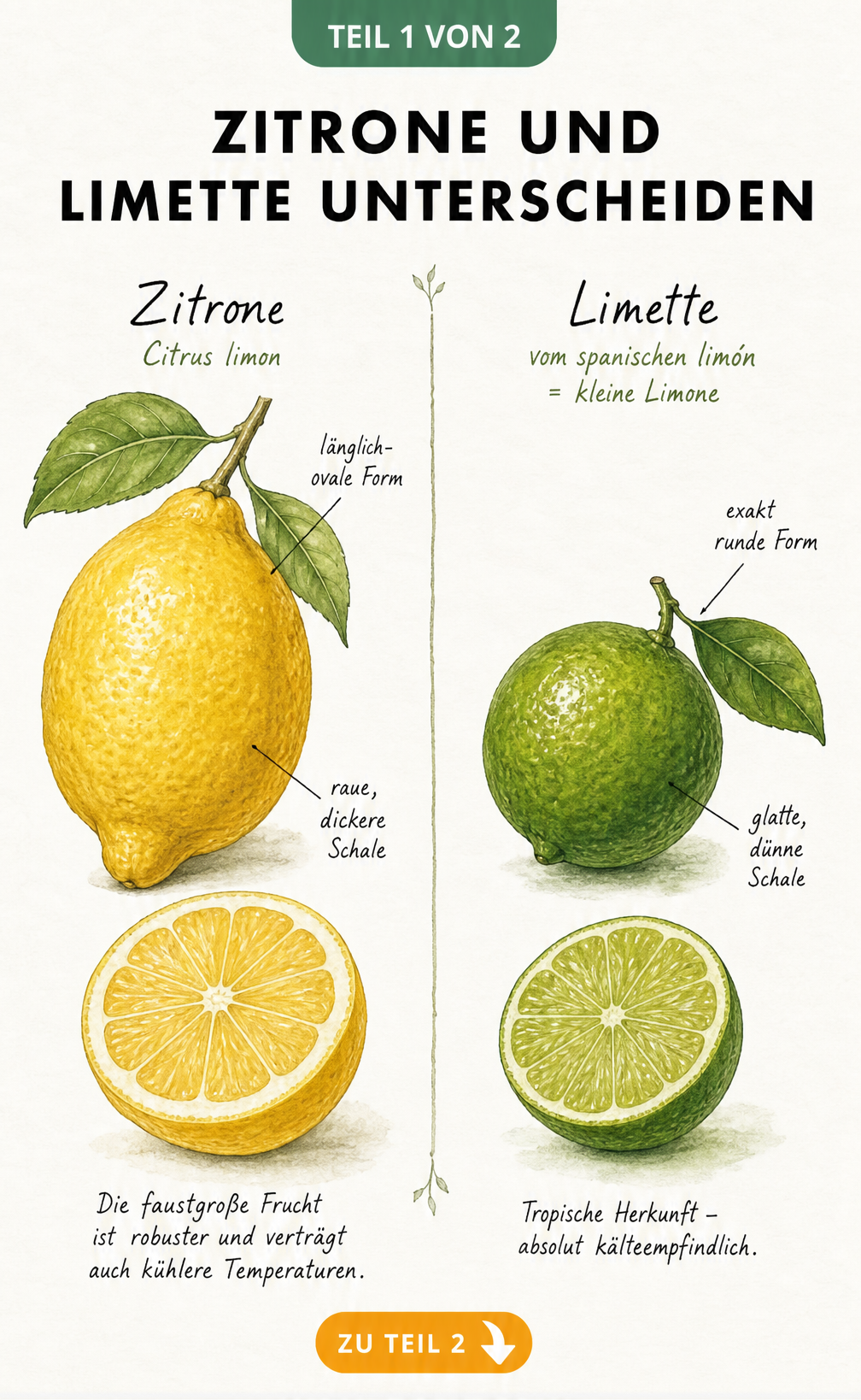 Botanische Gegenüberstellung von Zitrone und Limette mit Merkmalen wie Form, Schale und Kälteempfindlichkeit