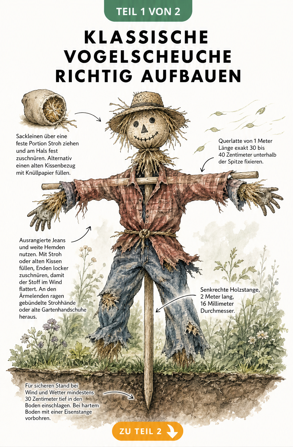 Handgezeichnete Illustration einer klassischen Vogelscheuche mit Holzkreuz, Sackleinen-Kopf und flatternder Kleidung im Garten.
