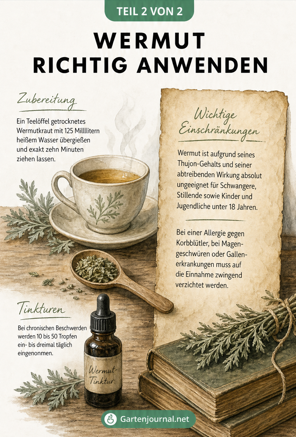Illustration zur Anwendung von Wermut mit Teetasse, Tropfenflasche und Hinweisen zu Dosierung und Kontraindikationen.