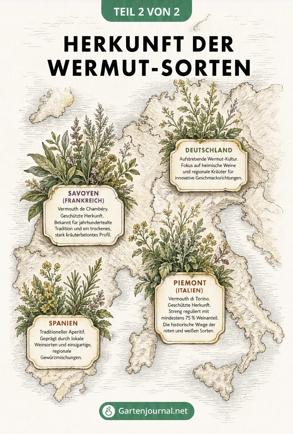 Stilisierte Landkarte von Europa mit Wermutkraut und Etiketten der Herkunftsregionen Piemont, Savoyen, Spanien und Deutschland