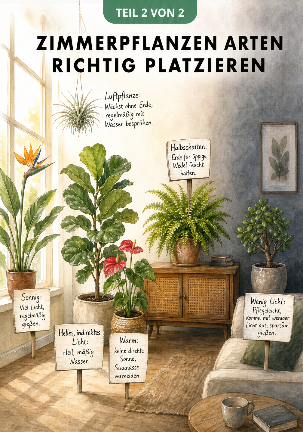 Aquarell-Illustration eines Wohnraums, die den idealen Standort für Zimmerpflanzen wie Strelitzia, Geigenfeige und Farn nach Lichtbedarf zeigt